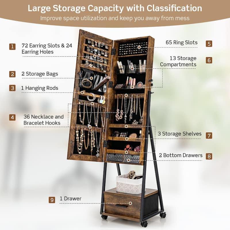 Costway Jewelry Cabinet Armoire Full Length Mirror Lockable with