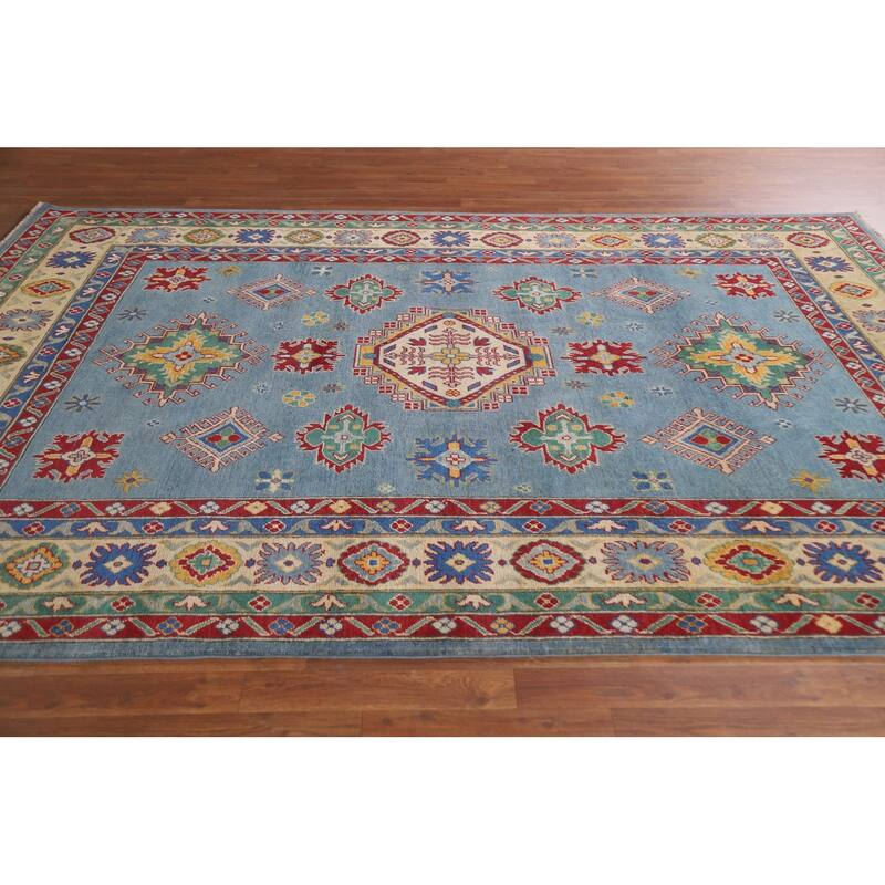Hand Knotted Oriental 100% Wool Carpet Traditional Geometric Navy Blue & Blues Kazak Area Rug - 9' 6'' X 6' 8''