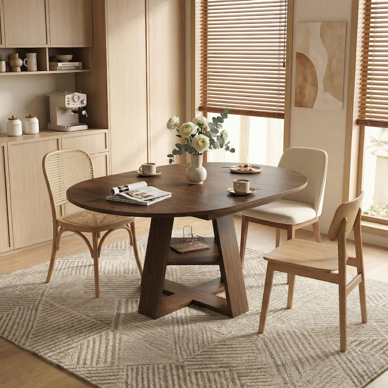 43.3"-59" Extendable Round Dining Table with Storage Shelf - Walnut