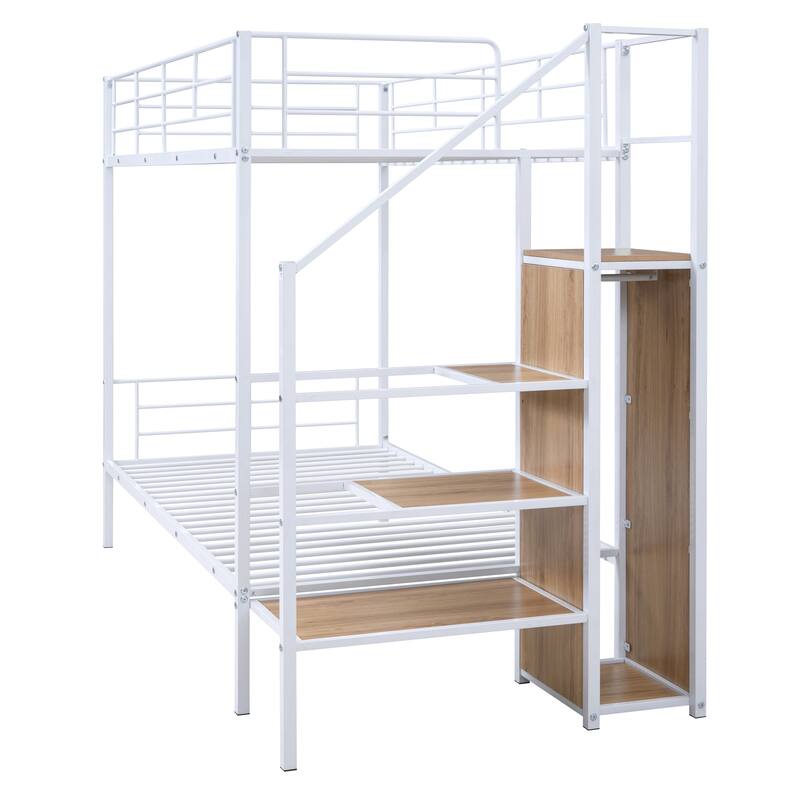 White Twin Over Twin Metal Bunk Bed with Lateral Storage Ladder and Wardrobe