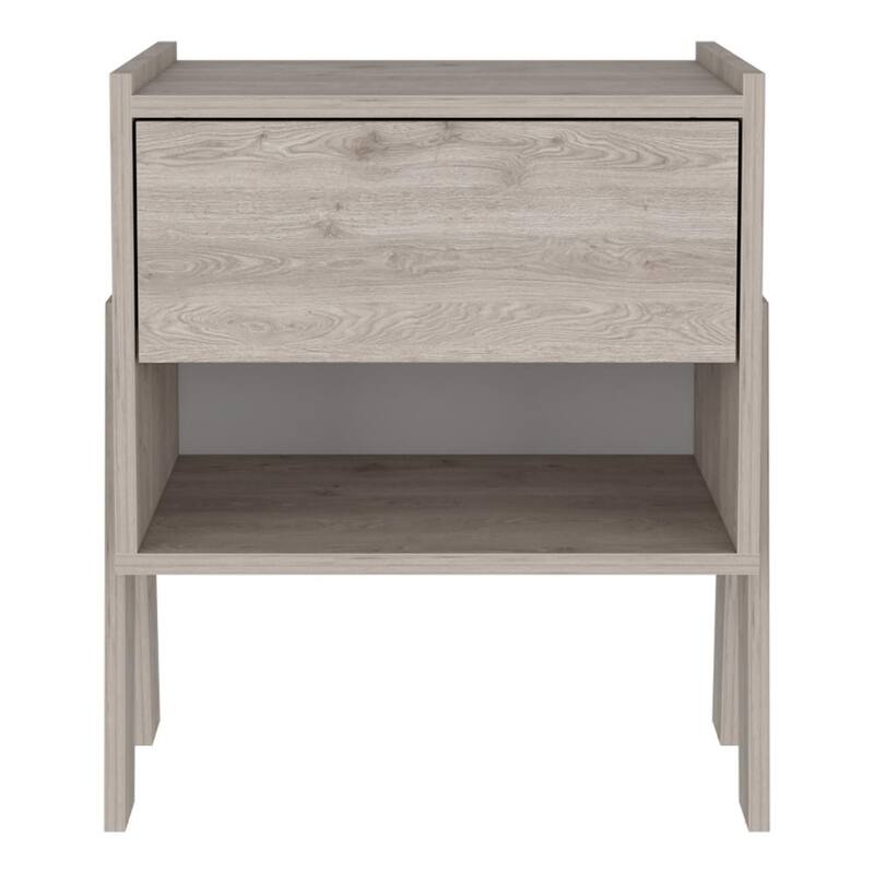 Modern Nightstand with Drawer and Open Shelf, Light Gray, Space-Saving Design
