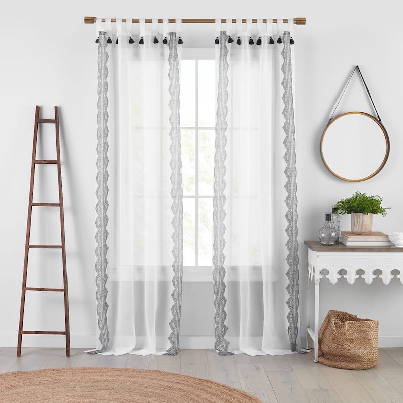 Shilo Boho Sheer Tab Top Window Curtain Panel with Tassels - 52x84 - Black