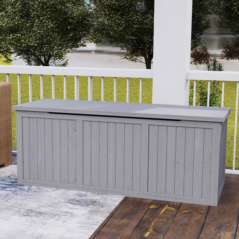112 Gallon Outdoor Wooden Deck Box Solid Wood Storage Box Seat & Table Top for Patio Furniture Cushions, Pool Toys,Garden Tools