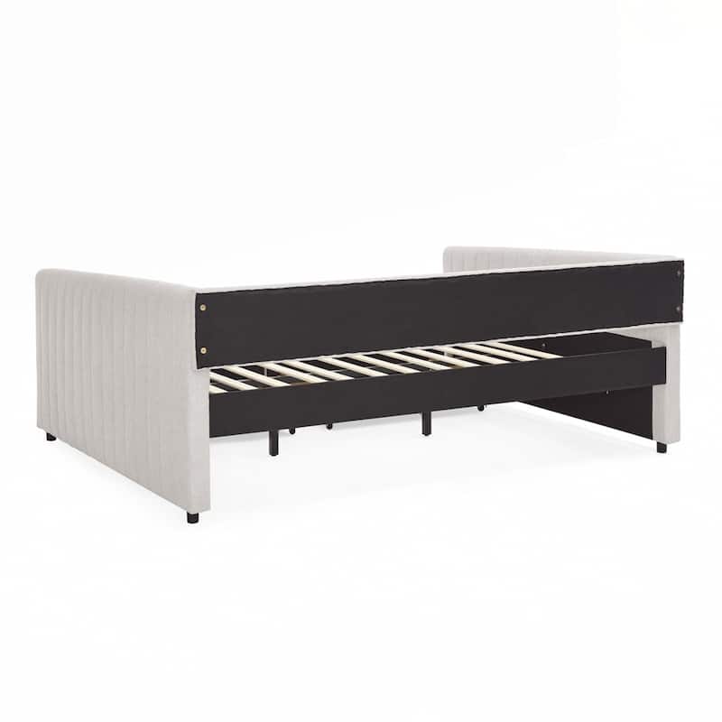 Vertical Stripes Linen Fabric Upholstered Sofa Bed with Two Drawers