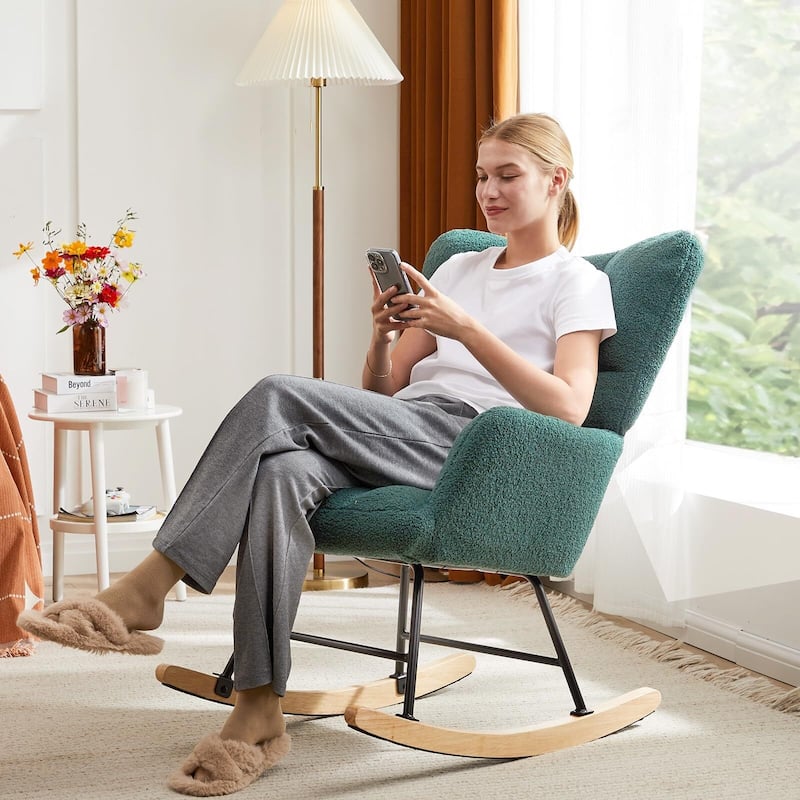 Living Room Ergonomic Teddy Fabric Rocking Chair Nursing Accent Reading Recliner with Soft Glider - 33.66"D x 28.35"W x 38.58"H