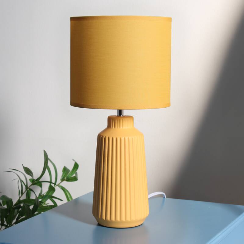 Textured Ceramic Table Lamp with Fabric Drum Shade Modern Faceted Base Compact Accent Lighting Multiple Colors