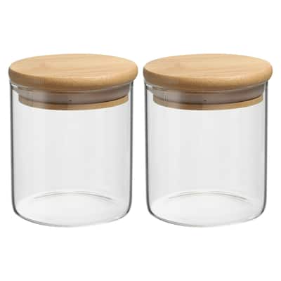 2Pcs 14oz Glass Jar with Airtight Bamboo Lid Glass Kitchen Container (10x8cm) - Transparent