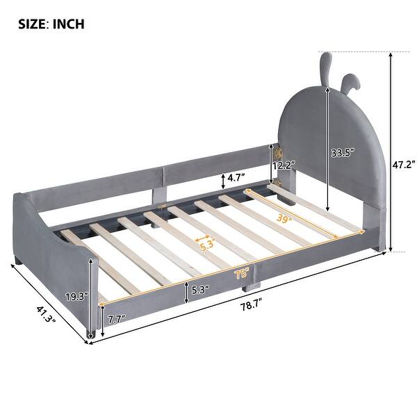 dimension image slide 1 of 6, Casual Upholstered Daybed with Guardrail, Classic Headboard Footboard, Wood Slat Support Bed for Children Kids Platform Bed