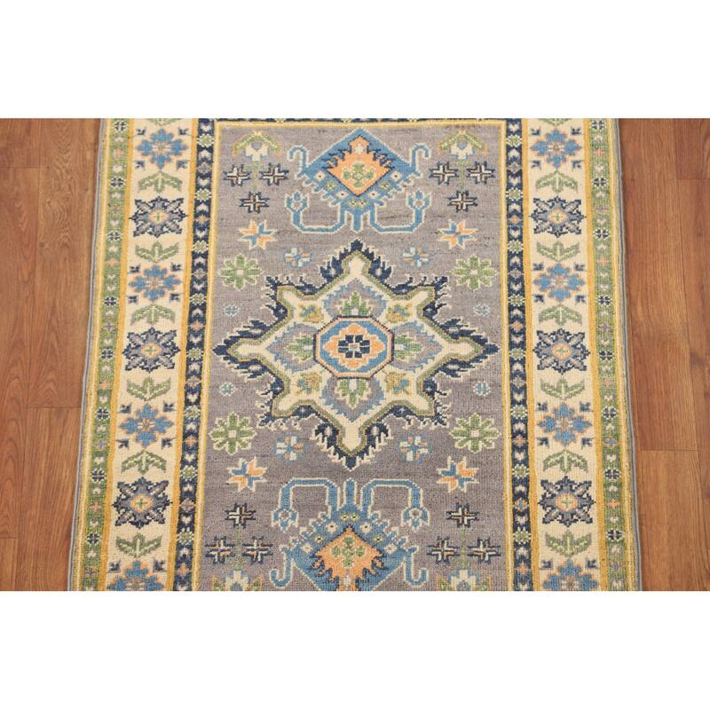 Gray Geometric Kazak Oriental Accent Rug Handmade Wool Carpet - 2'9" x 3'10"