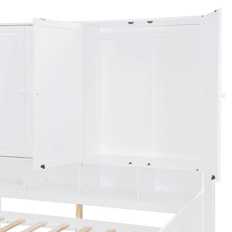 Wooden Daybed Frame All-in-One Bookcase Captains Bed with Storage Cabinet, Wardrobe, Side Writing Desk and 3 Bottom Drawers