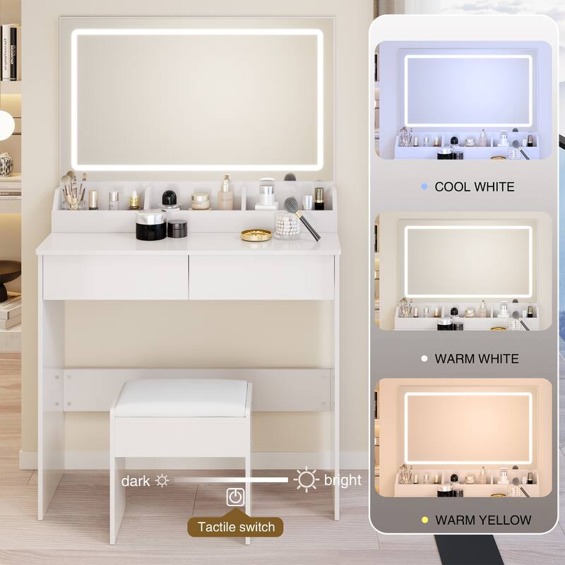 31" x 20" Extra Large LED Mirror Makeup Vanity Table with Stool, Touch Control, Adjustable Brightness & Storage
