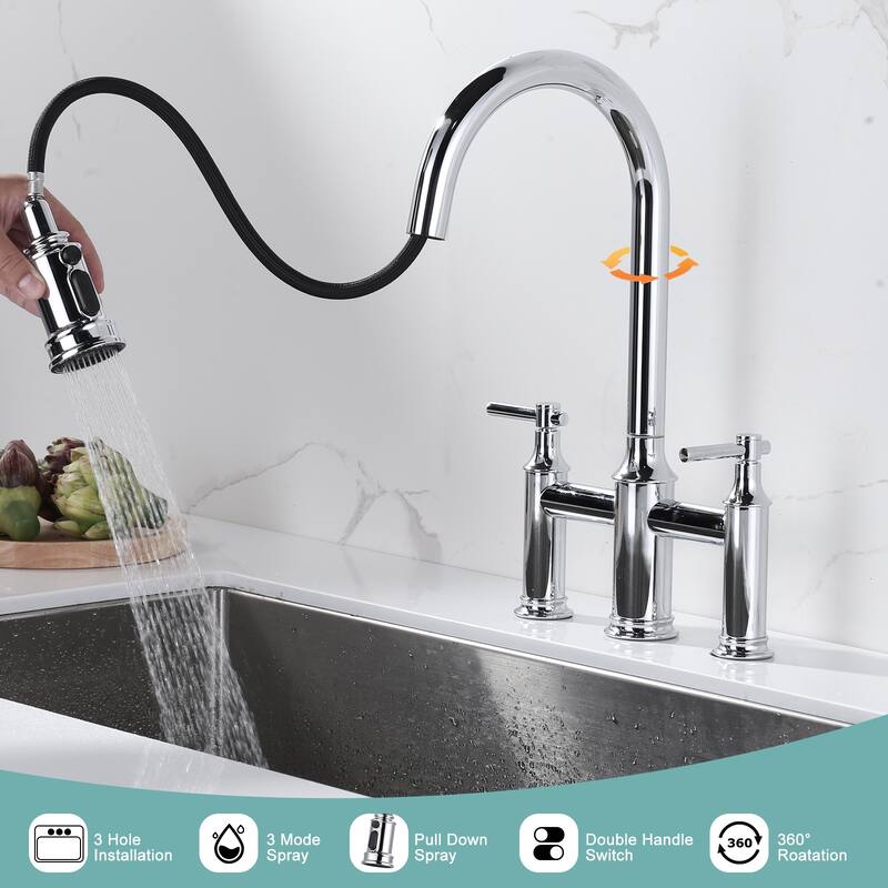 WOWOW Double Handle Pull Down Sprayer Bridge Kitchen Faucet