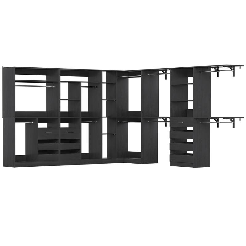 Qvella 72''-204'' Corner Closet System with 10 Wooden Drawers and 10 Hanging Rods, Walk-in Closet Organizer Wardrobe Rack
