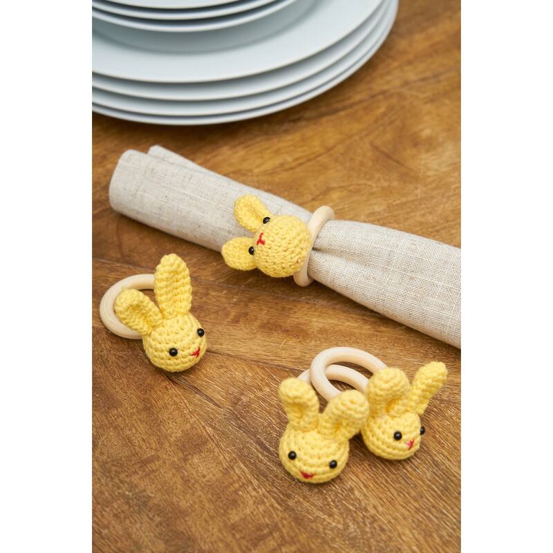Easter Yellow Knitted Bunny Rabbit Napkin Ring Set of 4