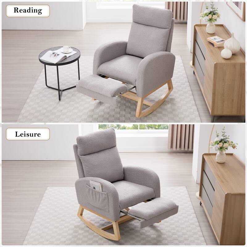 Teddy Fabric Rocking Chair with Adjustable Footstool for Relaxation