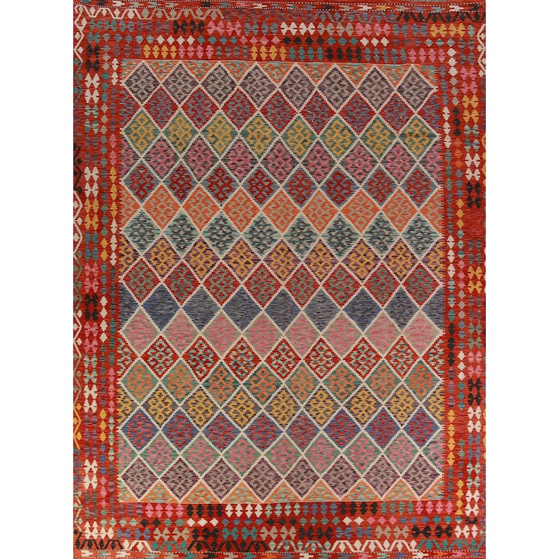 All-Over Trellis Kilim Oriental Large Rug Hand-Woven Wool Carpet - 10'8"x 12'11"