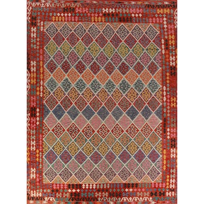 All-Over Trellis Kilim Oriental Large Rug Hand-Woven Wool Carpet - 10'8"x 12'11"