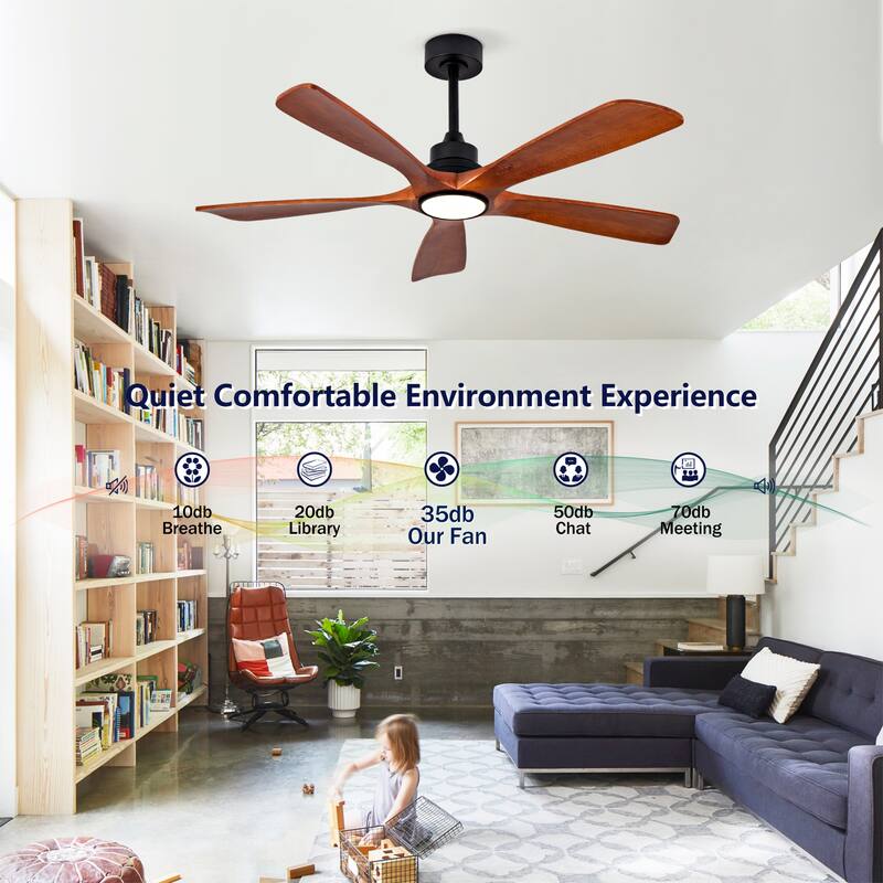 52 Inch Indoor Ceiling Fans With Lights and Remote Control, Dimmable LED, 5 Solid Wood Blades,Reversible DC Motor