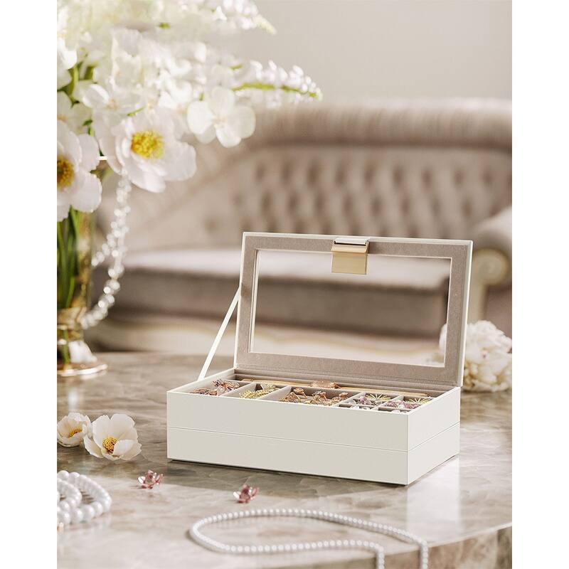 Multi-Layer Jewelry Storage Box with Stackable Trays and Soft Velvet Interior Protection and Glass Lid