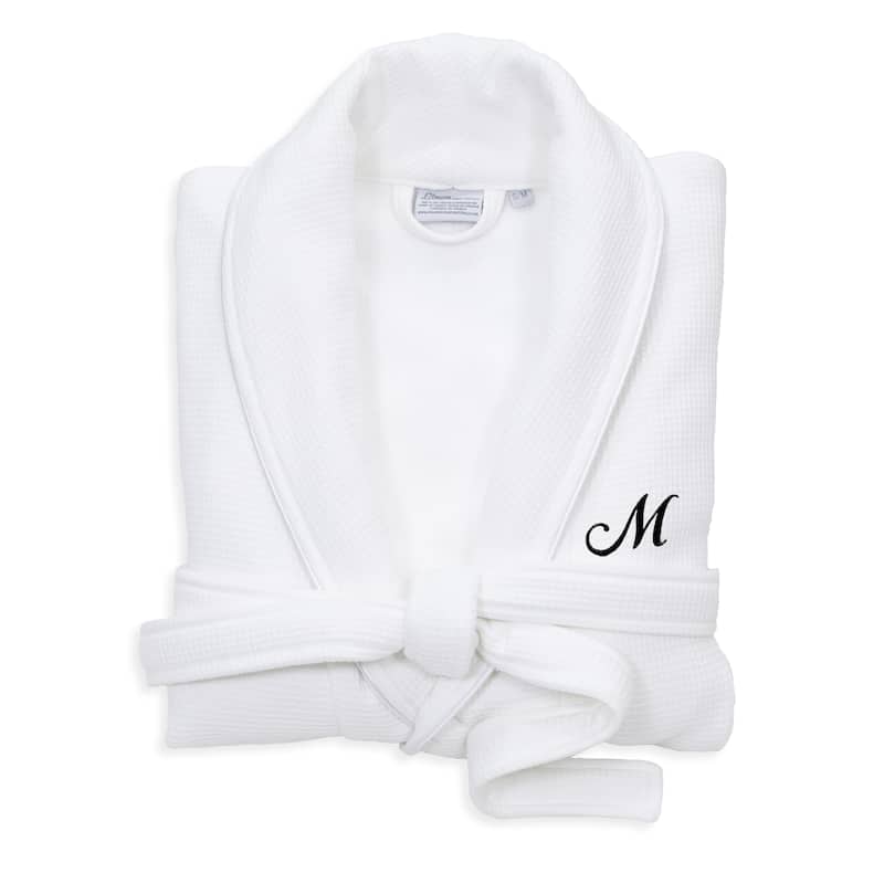 Authentic Hotel and Spa White Unisex Turkish Cotton Waffle Weave Terry Bath Robe with Black Script Monogram - S/M - M