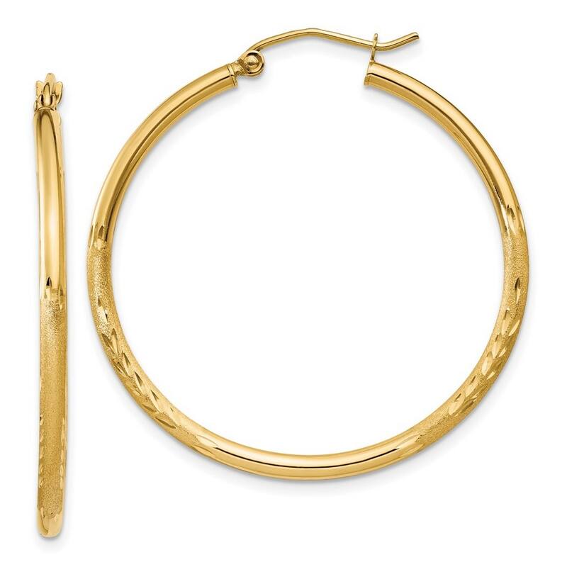 Curata 10k Yellow Gold 2mm Satin and Sparkle Cut Round Hoop Earrings - 13mm - 65mm