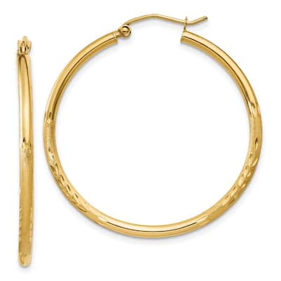 Curata 10k Yellow Gold 2mm Satin and Sparkle Cut Round Hoop Earrings - 13mm - 65mm