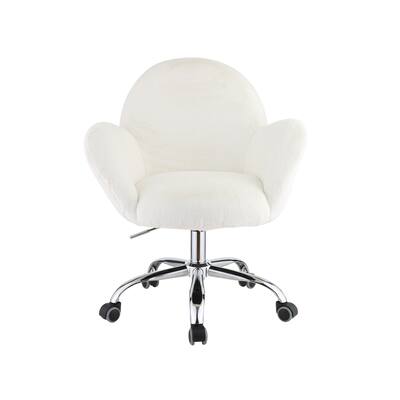 Modern Luxury Style Swivel & Adjustable Velvet Chrome Finish Office Chair in White Lapin