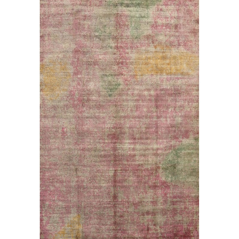 Hand Knotted Oriental Viscose Silk Carpet Modern Abstract Pink Abstract Area Rug - 8' 7'' X 6' 10''