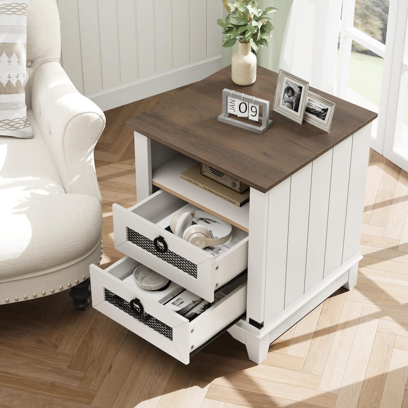 Farmhouse Nightstand 18" inch Side Table with Charging Station Bedside Table with 2 Drawers Night Stand