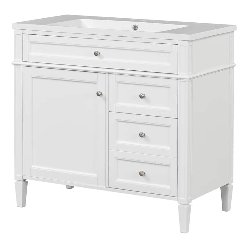 Modern Storage Cabinet Bathroom Vanity with Resin Sink, Tip-out Drawer, 2 Drawers, Side Door Organizer and Adjustable Shelf