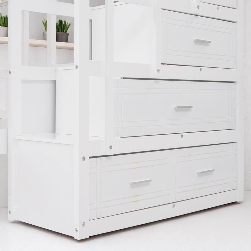 Wood Triple Bunk Bed Full Over Twin and Twin with Storage Drawers and Staircase, 600 lbs Capacity Top