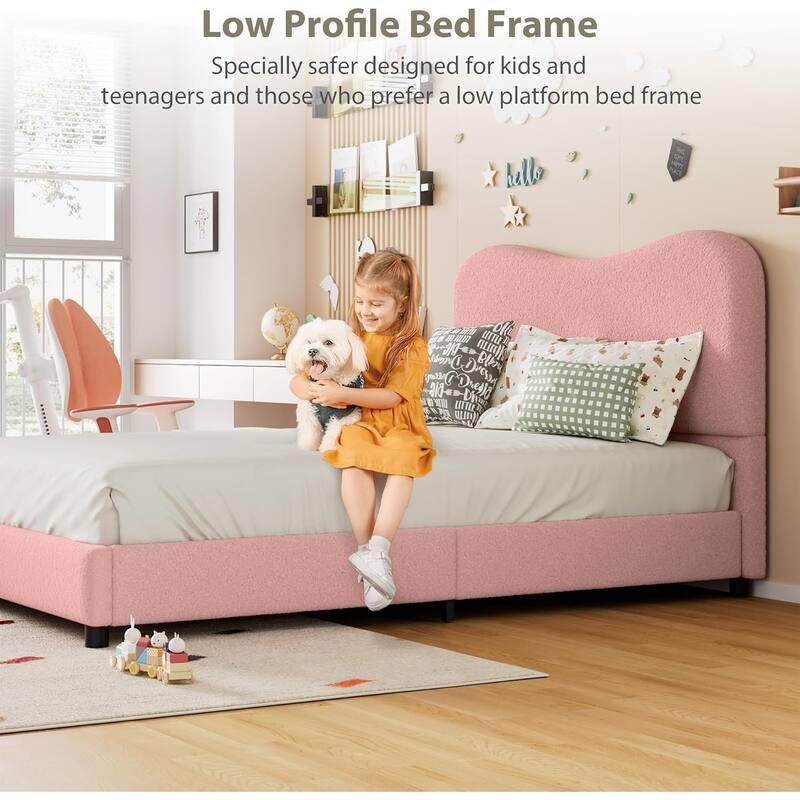 Kids Upholstered Platform Bed, Soft Boucle Fabric with Low Profile Frame & Wood Slats, Boys/Girls Bedroom