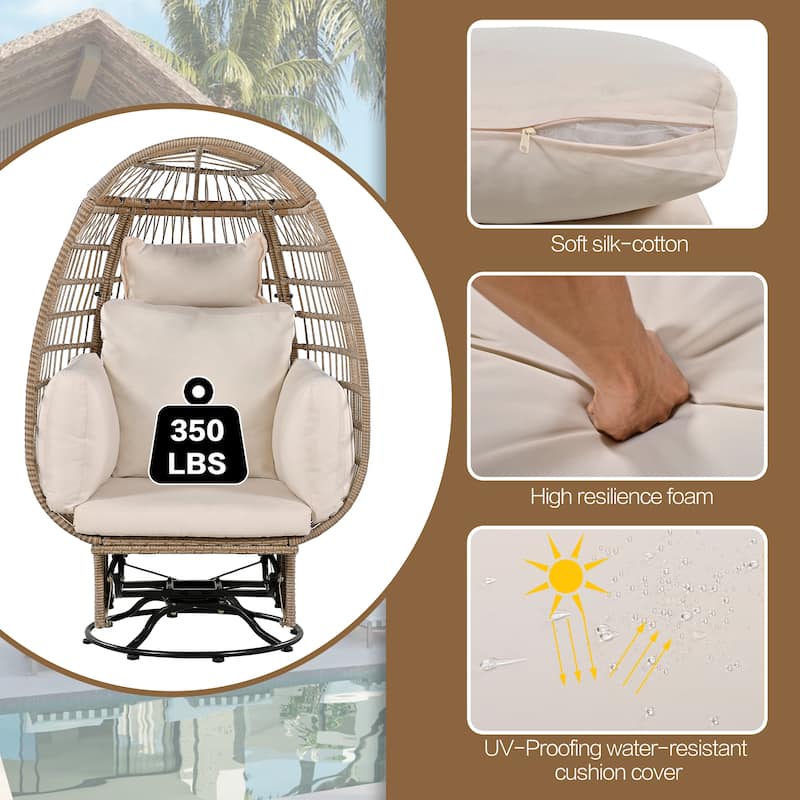 Outdoor Swivel Chair with Cushions, Rattan Egg Patio Chair with Rocking Function for Balcony, Poolside and Garden