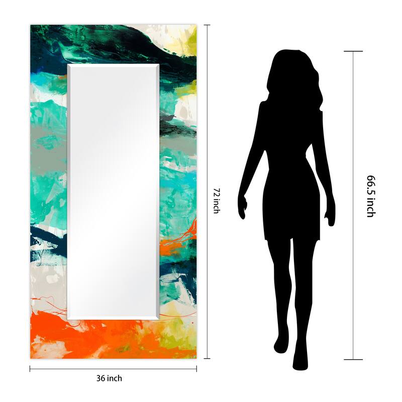 "Tidal" Abstract Rectangular Beveled Wall Mirror on Free Floating Printed Tempered Glass - Clear - 72 x 36
