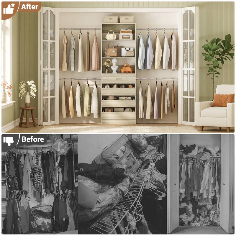 Modular Closet System Wardrobe Organizer 4 Adjustable Hanging Rods + 4 Wooden Drawers, Space-Saving for 4-9Ft Closets