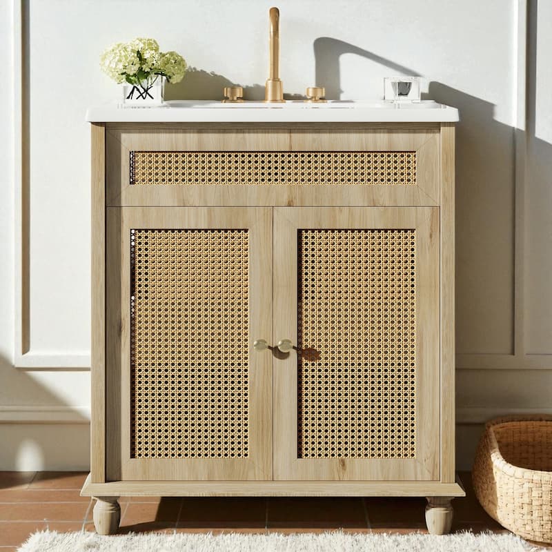 30" Bathroom Vanity with Resin Sink Handwoven Rattan Doors Soft Close Hinges Solid Wood Base - Natural Wood