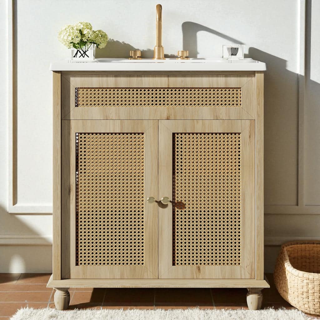 30" Bathroom Vanity with Resin Sink Handwoven Rattan Doors Soft Close Hinges Solid Wood Base