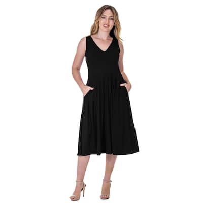 24seven Comfort Apparel Fit and Flare Midi Sleeveless Dress with Pocket Detail