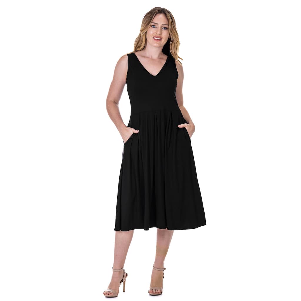 24seven Comfort Apparel Fit and Flare Midi Sleeveless Dress with Pocket Detail