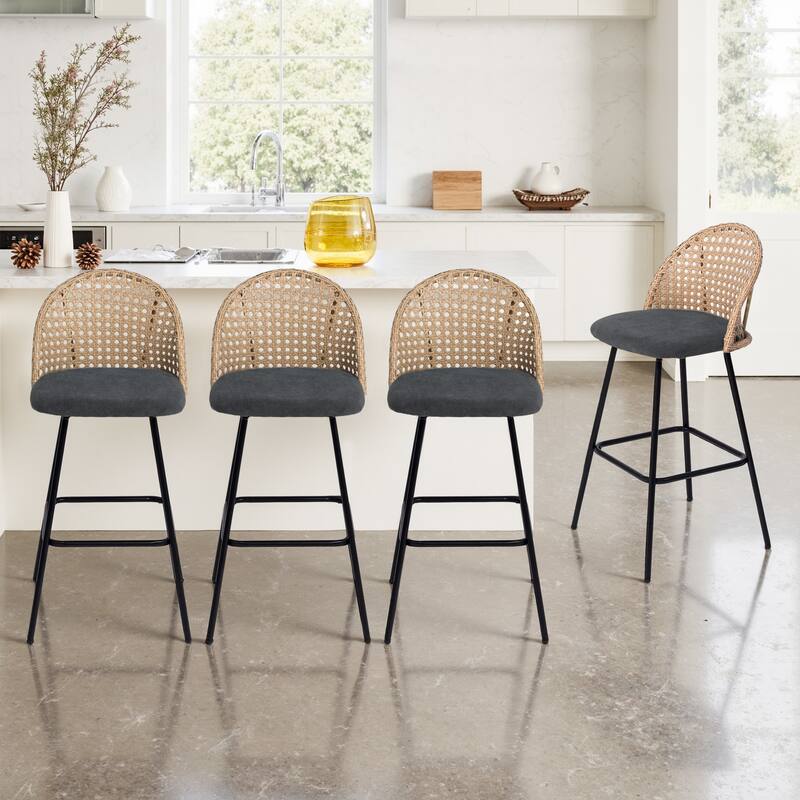 Coastal Rattan Back Counter Height Upholstered Bar Stools