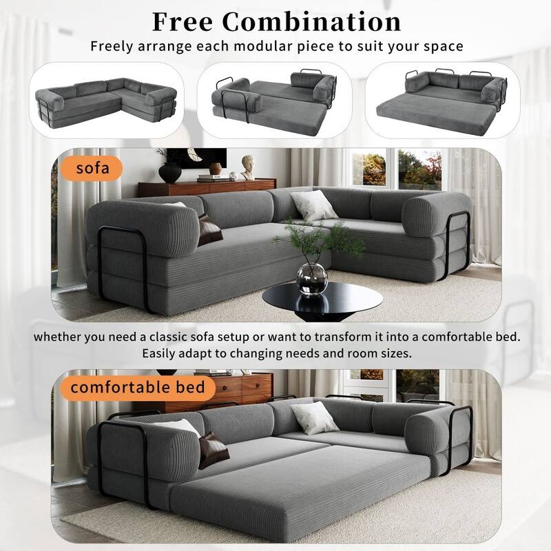 Modern Corduroy Fabric L-shaped Modular Convertible Sectional Sofa Bed for Living Room