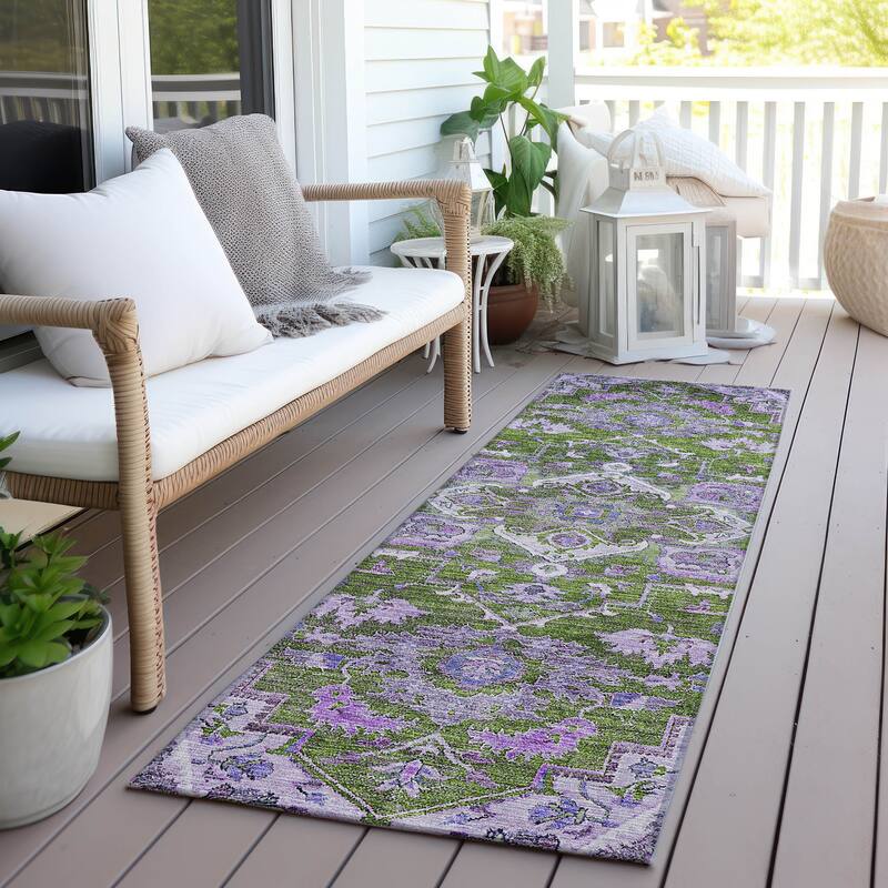 Machine Washable Indoor/ Outdoor Chantille Traditional Boho Rug - Olive - 2'3" x 7'6"