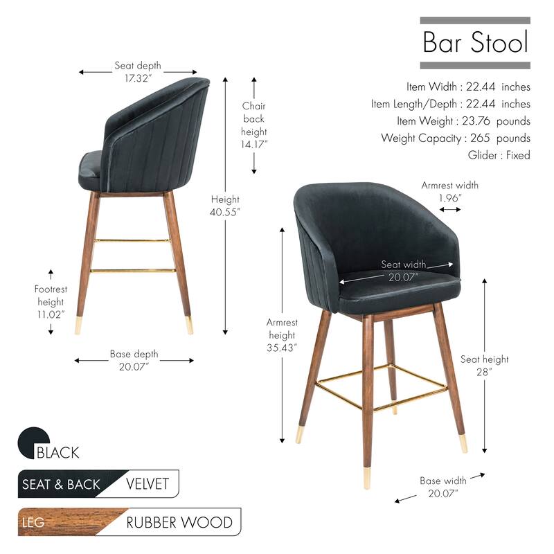 Porthos Home Olea Velvet Upholstered Bar Stools with Rubberwood Legs, Set of 2