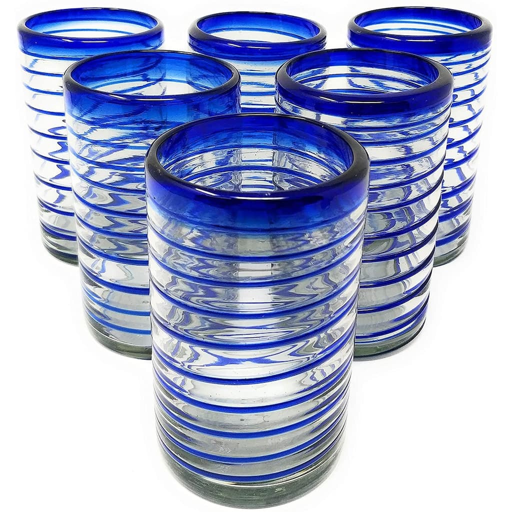 Dos Sueños Hand Blown Mexican Drinking Glasses - Set of 6 Glasses with Cobalt Blue Spiral Design (14 oz each)