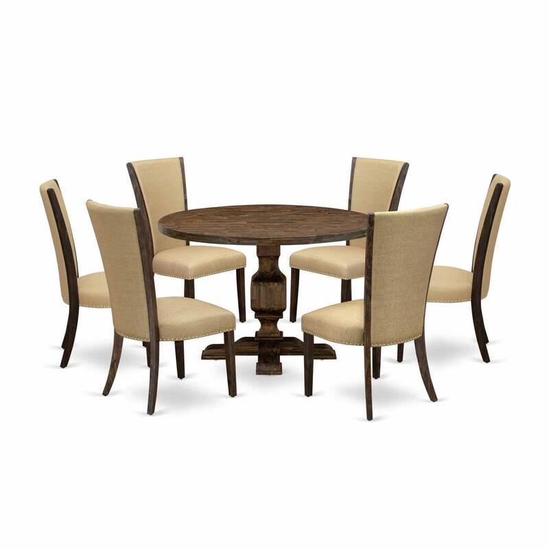 HomeStock 7-Piece Distressed Jacobean Finish Solid Wood Top Dining Table with 6 Parson Chairs