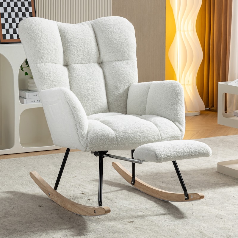 Fabric Rocking Chair With Adjustable Footrest - Ivory Teddy
