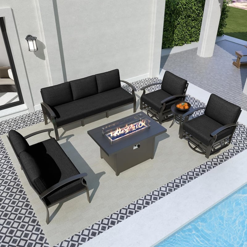 Aluminum Patio Furniture Set with FirePit Ottomans Swivel Chairs,Sectional Sofa with Thick Seat Cushions for Porch Garden - 7-Seats w/Swivel - Black