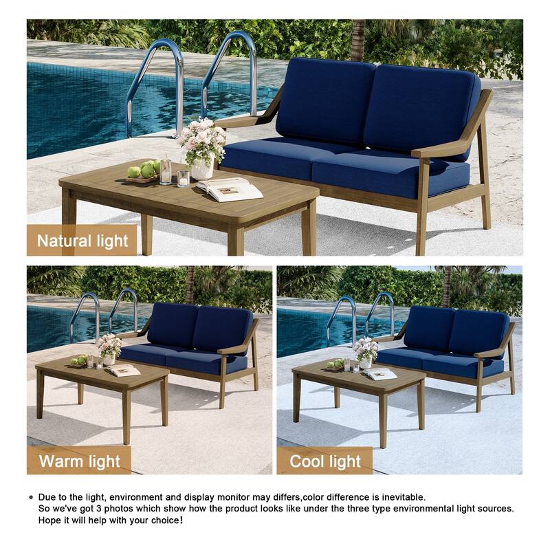 2-piece Brown/ Black Teak Cushioned Patio Loveseat Set with Coffee Table