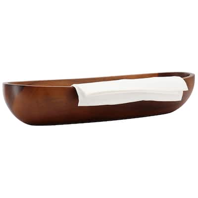 The Cellar 16.9 Inch Oval Acacia Wood Bread Bowl with White Cotton Cloth