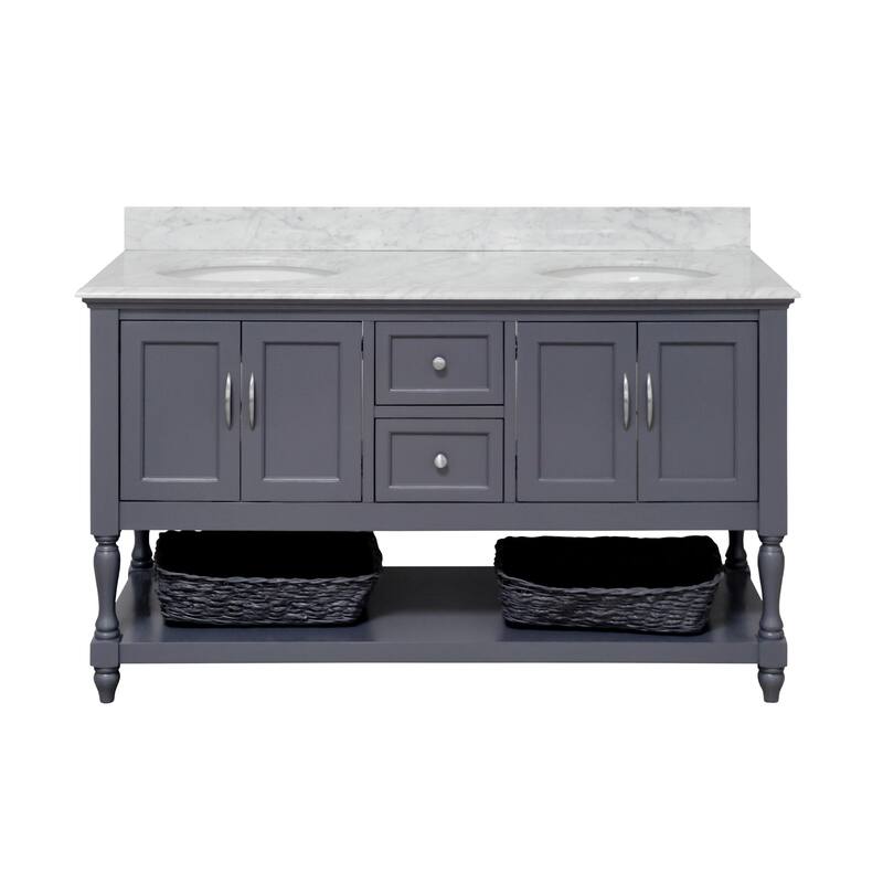 KitchenBathCollection Beverly 60" Double Bathroom Vanity with Carrara Marble Top